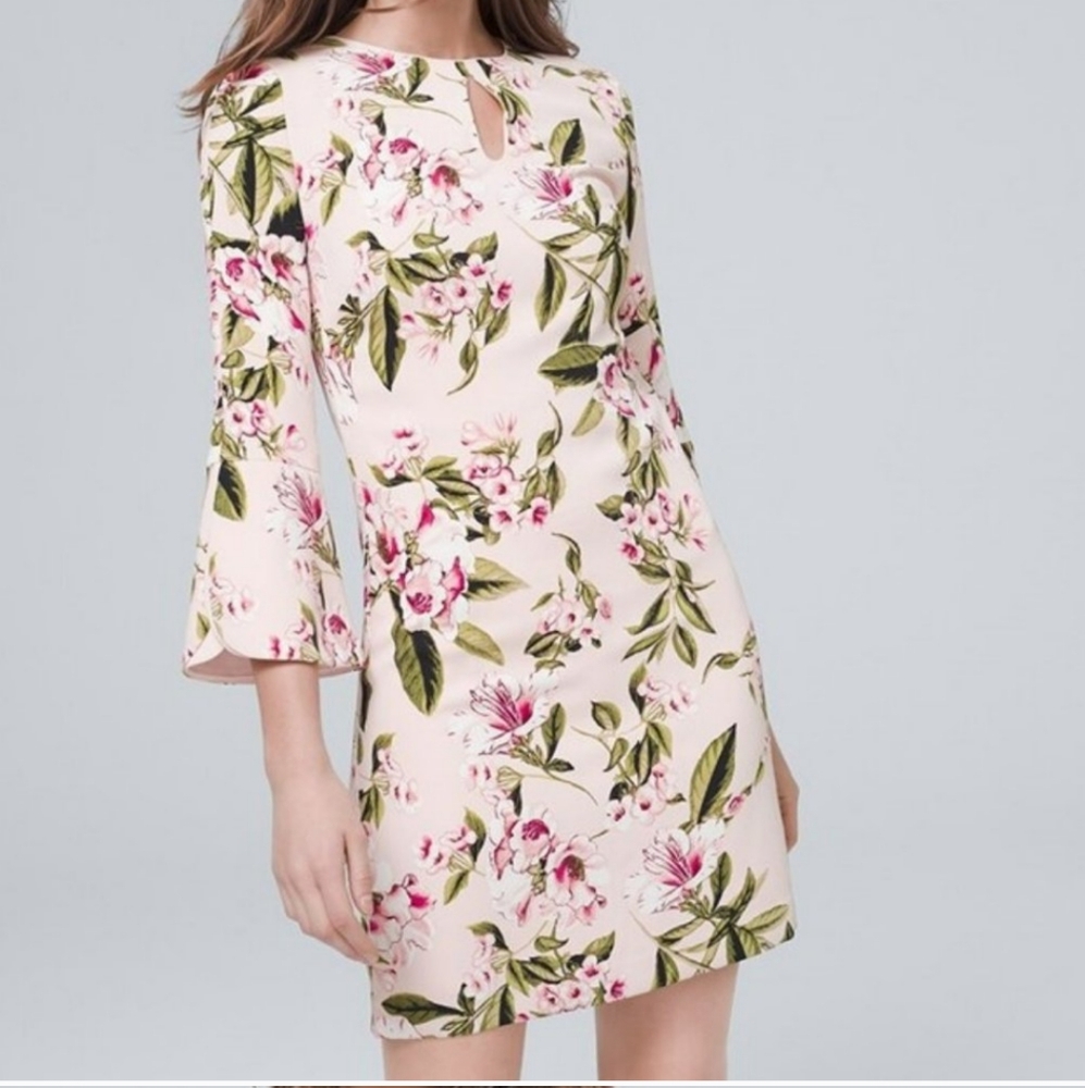 White House Black Market petal sleeve shift dress in pink floral print.  Size 0.